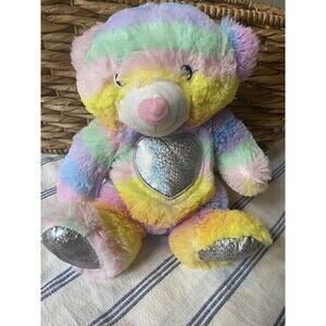 Midwood Brands Rainbow Bear Silver Heart Feet 14” Plush Stuffed Animal